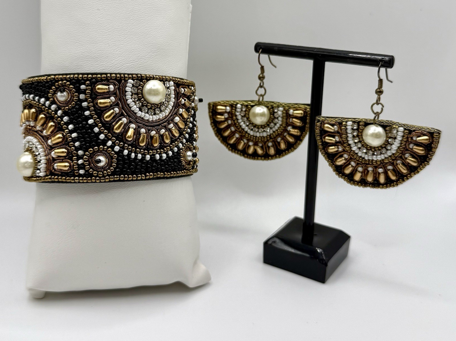 Boho Beaded Cuff Bracelet & Fan Earrings Set Faux Pearl Gold Black Statement