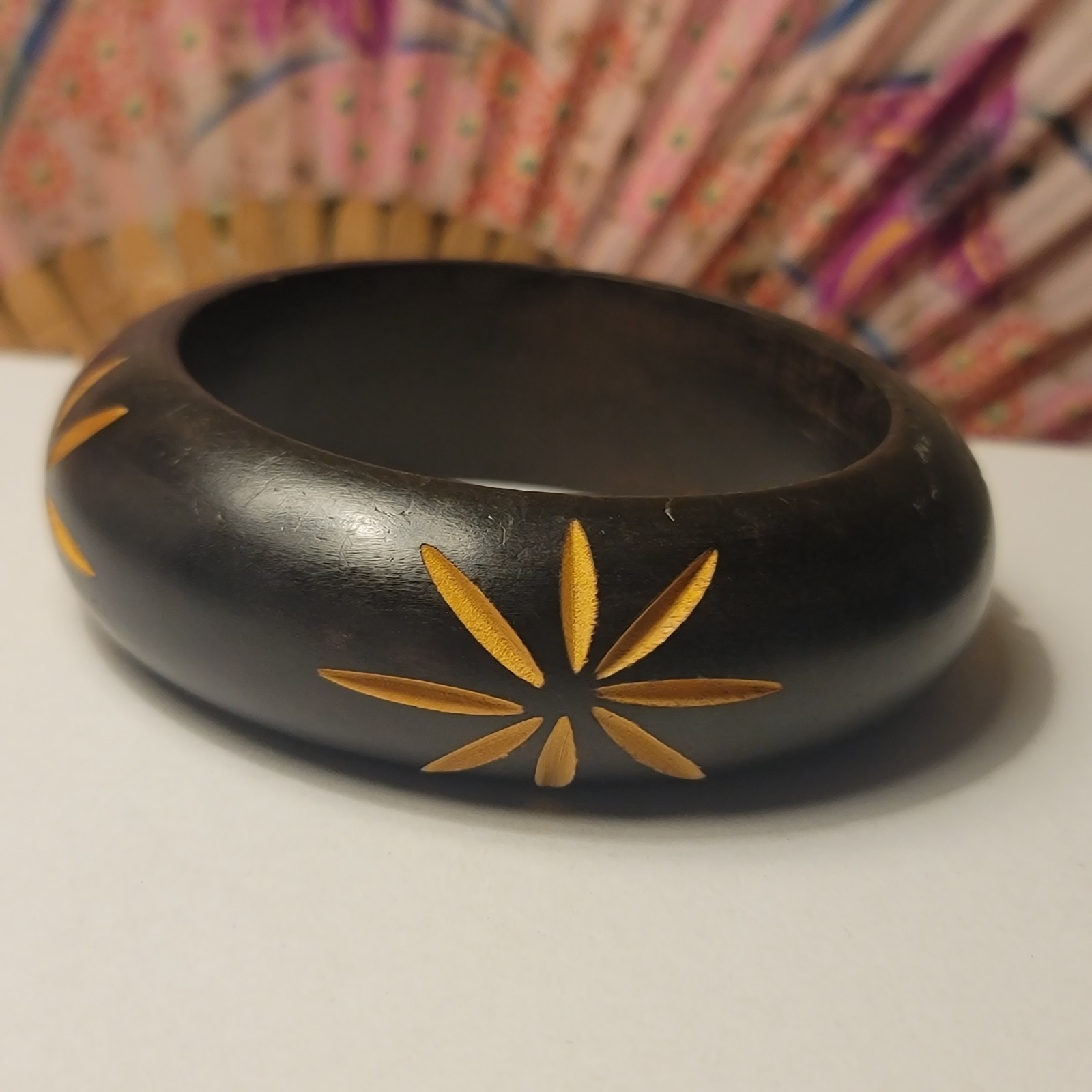 Bangle Bracelet Carved Etched Wood Dark Brown Size 8″ Inside