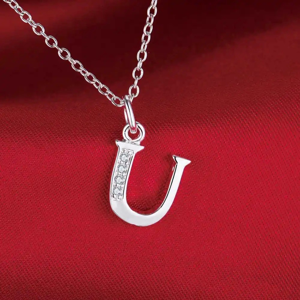 925 Sterling Silver Initial A-Z Letter Pendant Necklace CZ Personalized 18″ N162