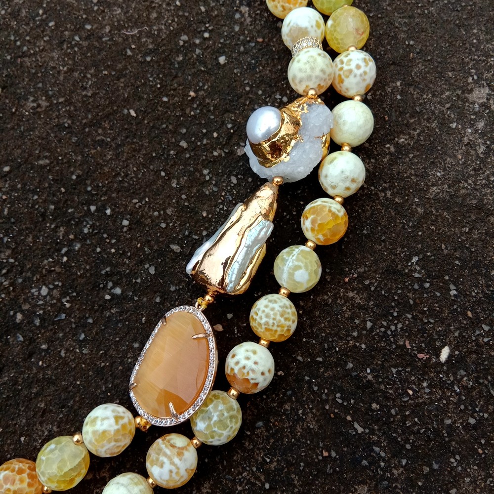 2 Rows Yellow Faceted yellow Agate Druzy White Biwa Pearl Crystal Necklace