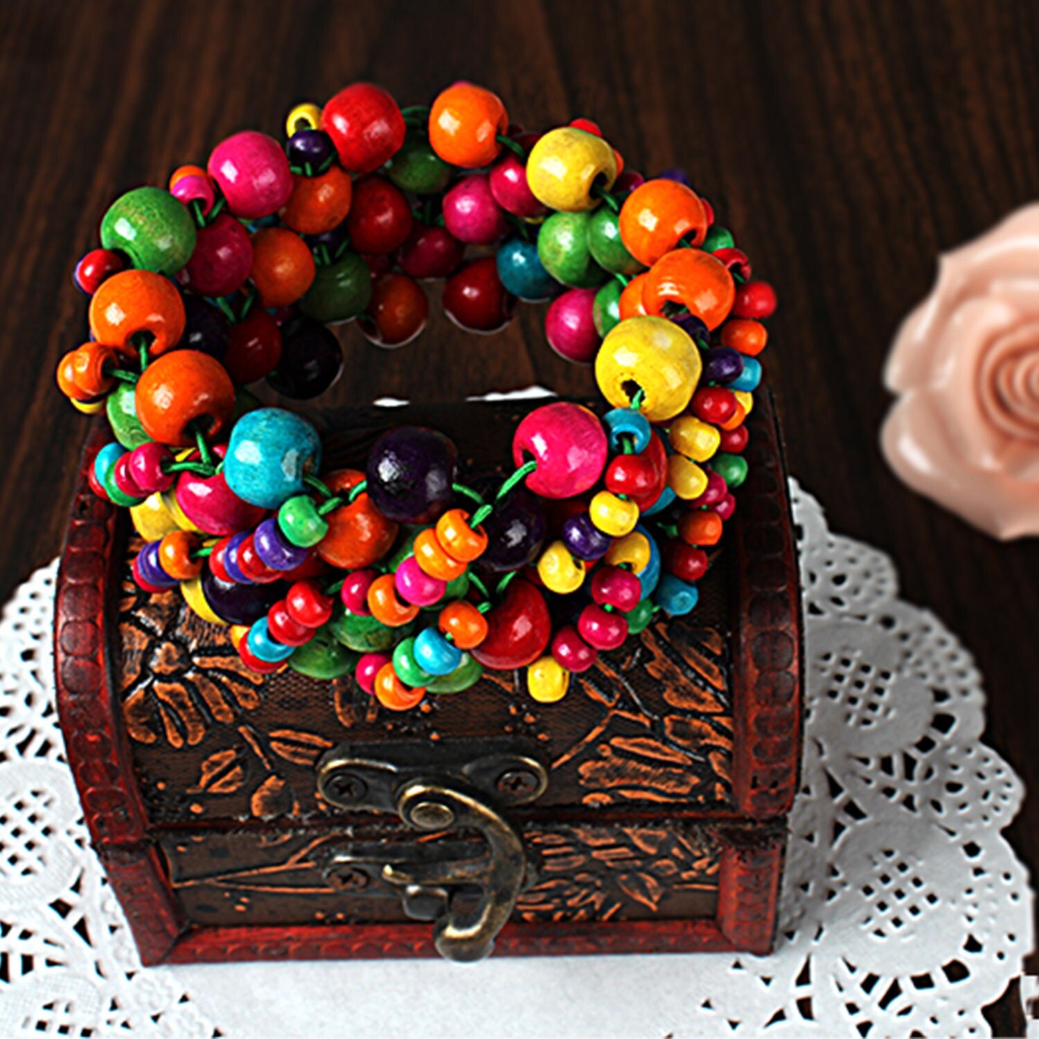 Women’s Fashion Retro Colorful Bracelet Wood Bead Bright Bohemian