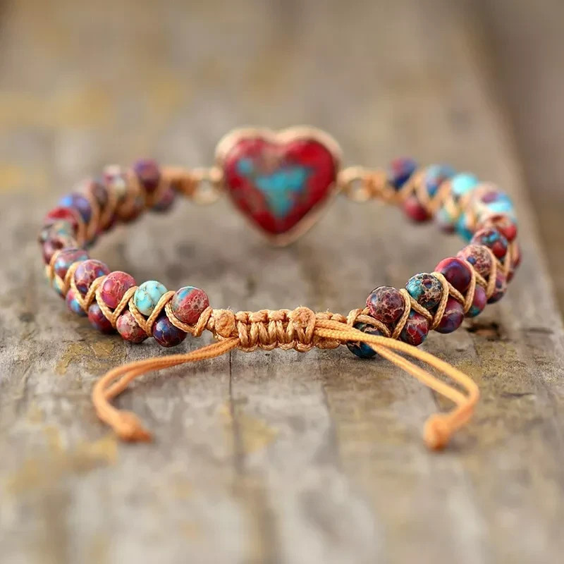 Handmade Natural Heart Gemstone Sea Sediment Healing Chakra Women Bracelet Gifts