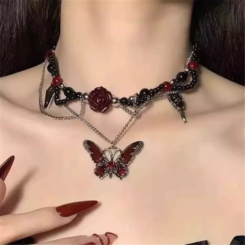 Butterfly Choker Necklace Red Black Beaded Chain Pendant Y2K Punk Alternative