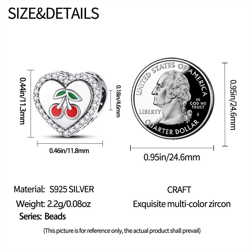 PANDACH 925 Sterling Silver Fruit Heart Bead Charm, Cute Friendship Jewelry Gift