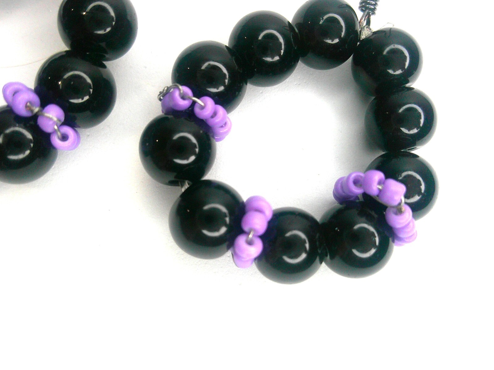Small Black Purple Earrings Glass Beaded Handmade Hoop Dangle Fashion Colorful