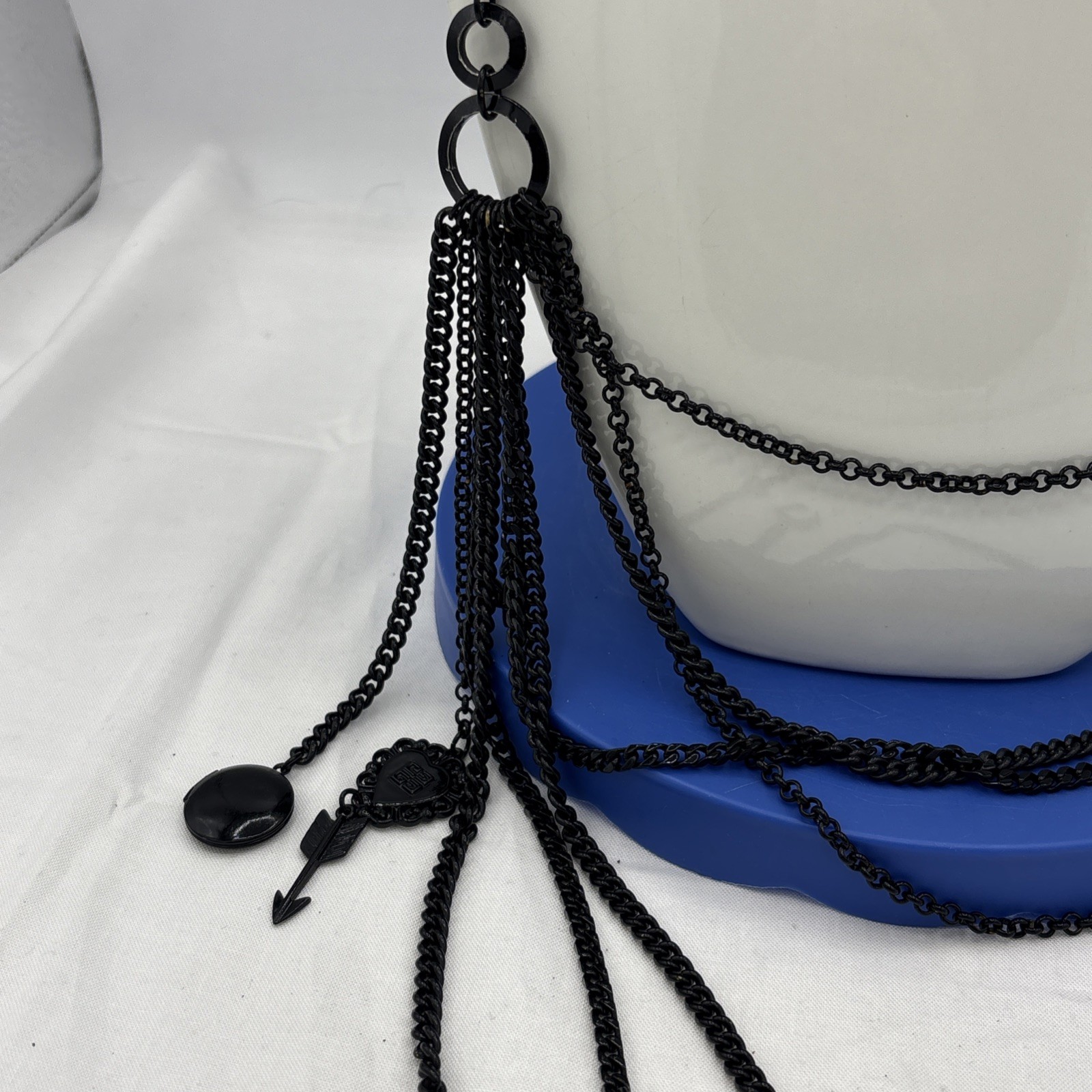 Givenchy Black Layered Chain Charm Necklace 26” Key Horseshoe Arrow Star Y2K