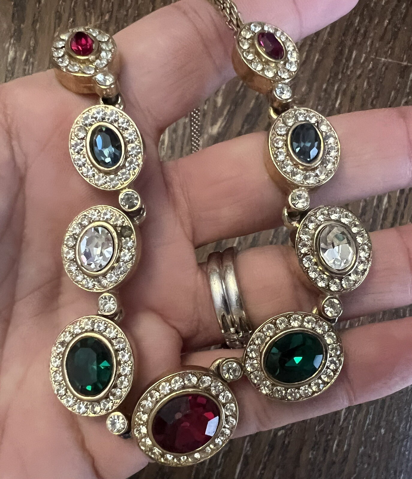 Gold Plated Red Green & Blue Crystal Necklace & Clip On Earring Set