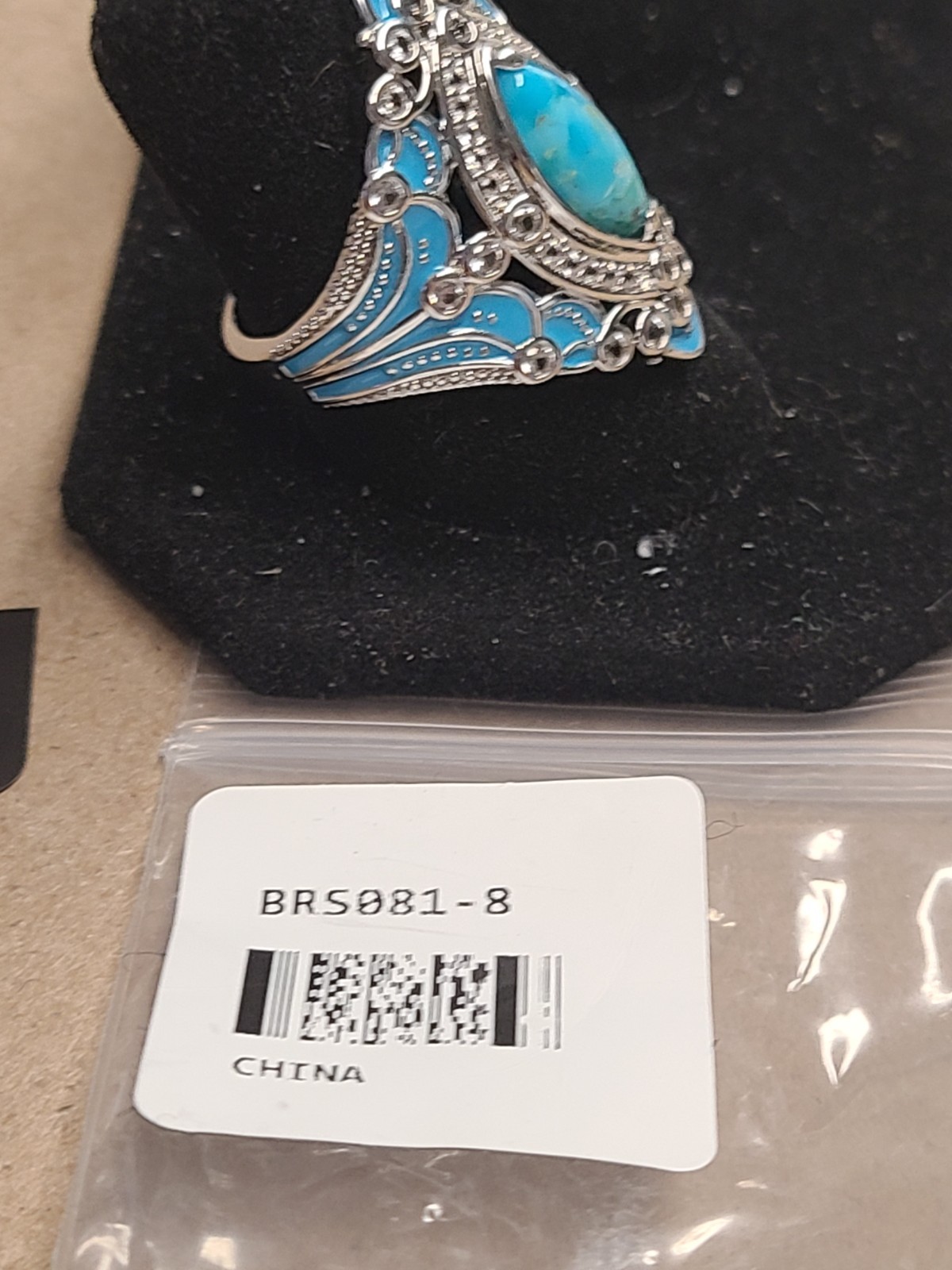 Blue Composite Turquoise With White Lab Created Sapphire Rhodium /Brass Ring sz8