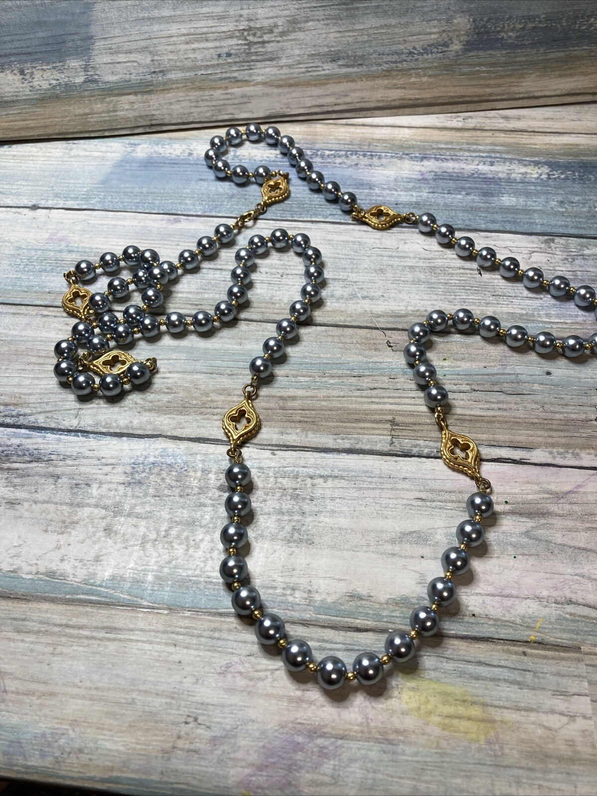 Gray Bead Gold Tone Charm 54″ Necklace Fashion Costume NWOT