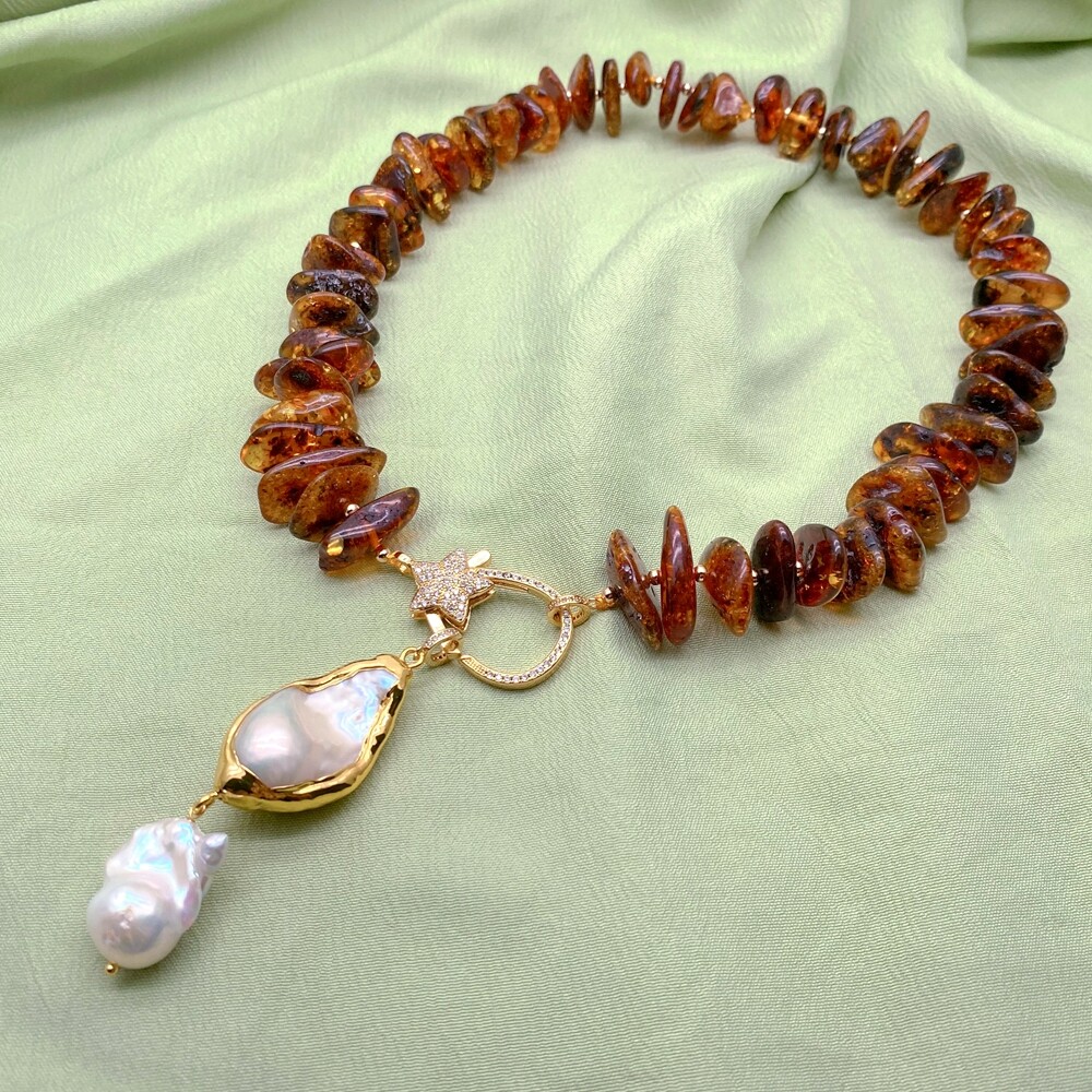 Natural Amber Necklace Cultured White Baroque Pearl Pendant