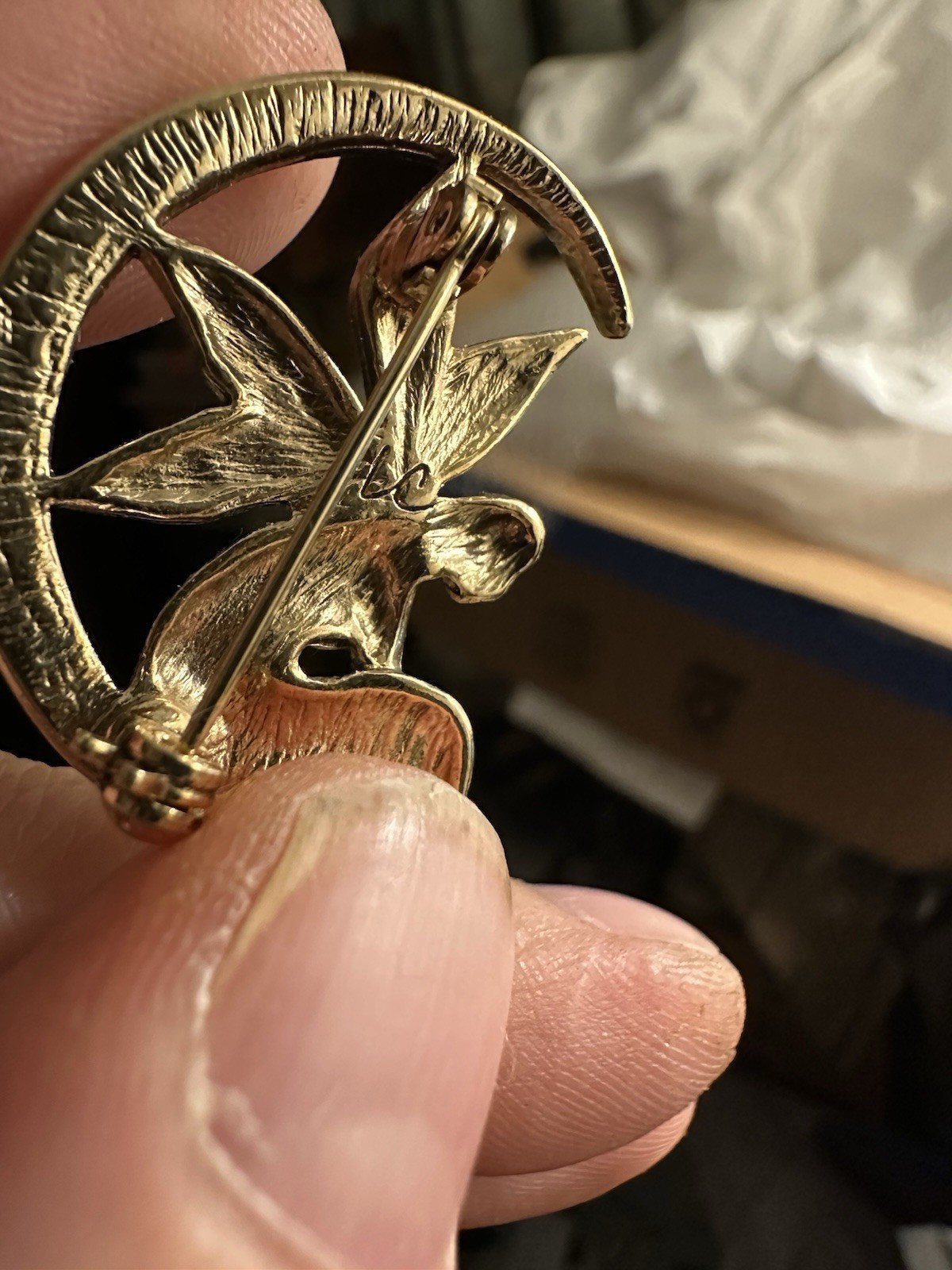 Vintage Liz Claiborne Brooch of fairy with enamel wings, crystal-crescent moon