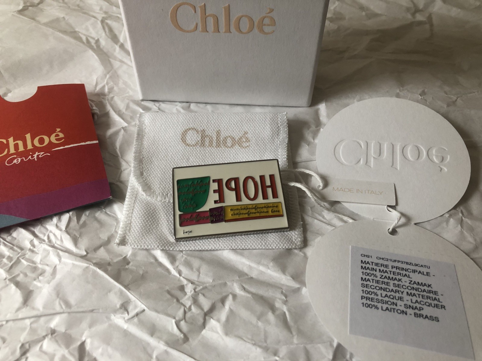 Chloe “Hope” Pin Badge Brooch Multicoloured In Gift Box Made Italy RRP £110 NEW