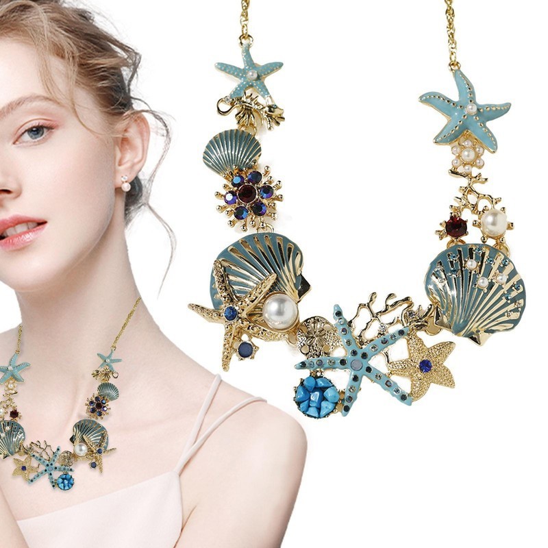 Starfish Seashell Necklace Pearls Beach Nautical Statement Jewelry Pendant Chain