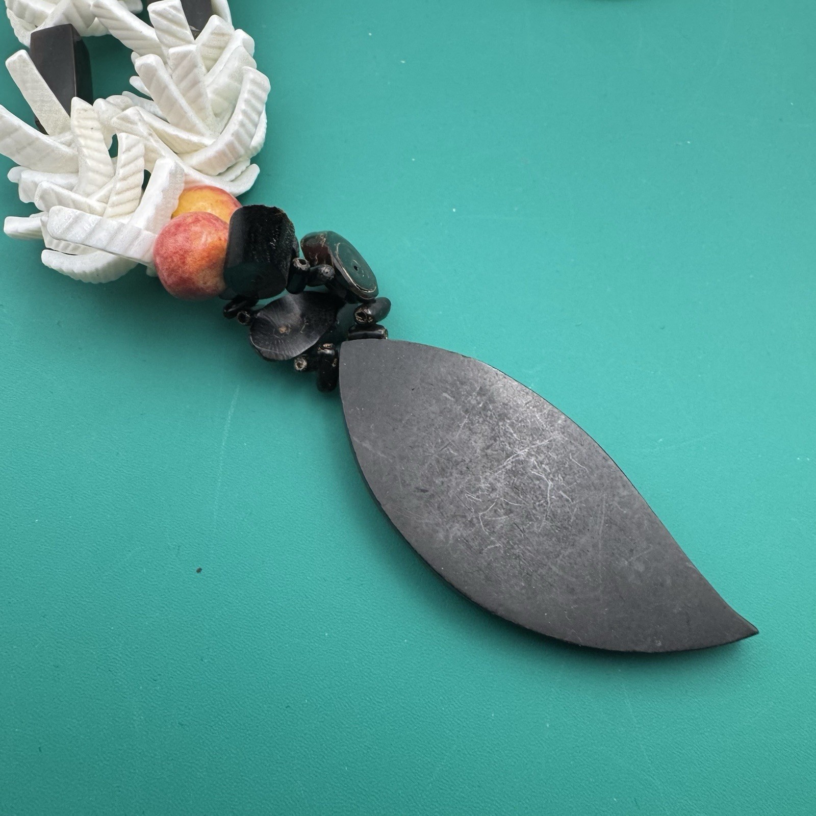Tribal Island Inspired Necklace Plastic Resin Faux Shells Beads Leaf Pendant
