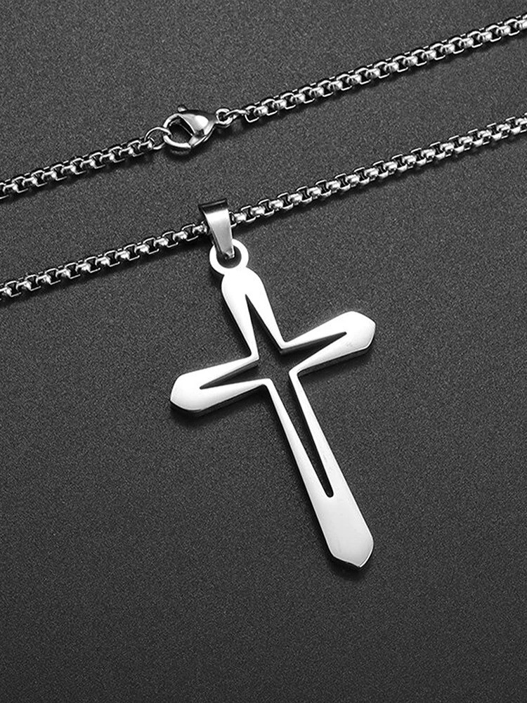 Cross inside a cross pendant necklace silver plated over stainless steel