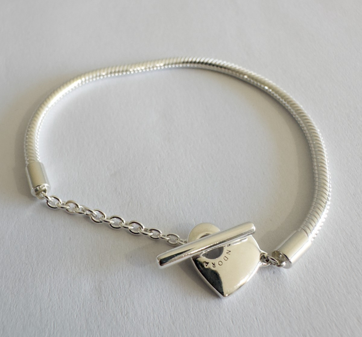 NEW Pandora Silver Bracelet HEART T-BAR Snake Chain 7.5in – 19cm #599285C00