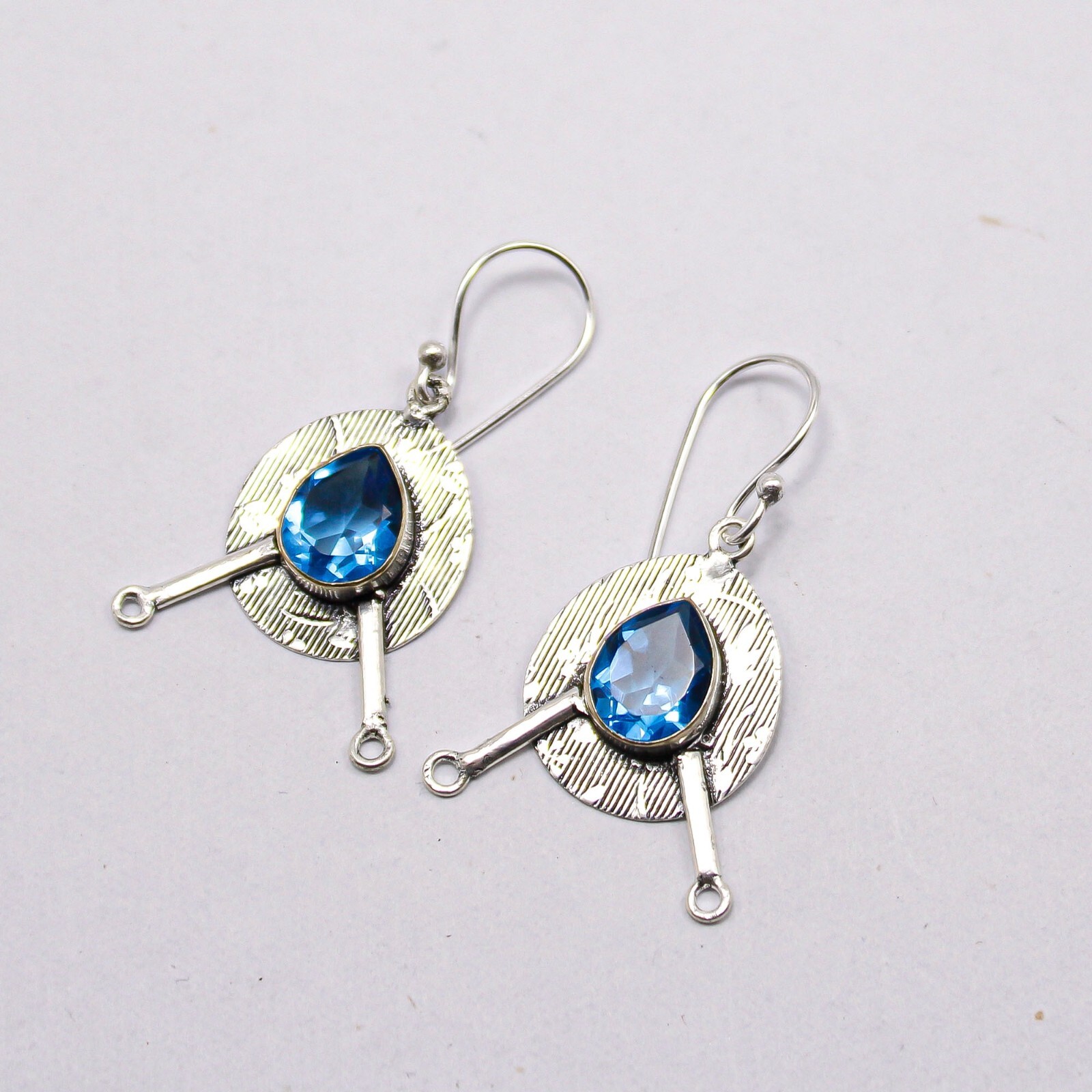 Swiss Blue Topaz Gemstone Earrings 925 Silver Handmade Jewelry 1.86″ For Mother