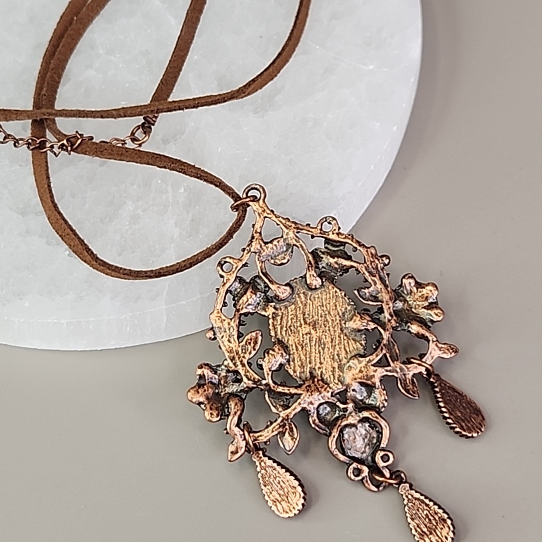 Art Nouveau Revival Pendant Necklace Speckled Oval Brown Suede Cord 20″