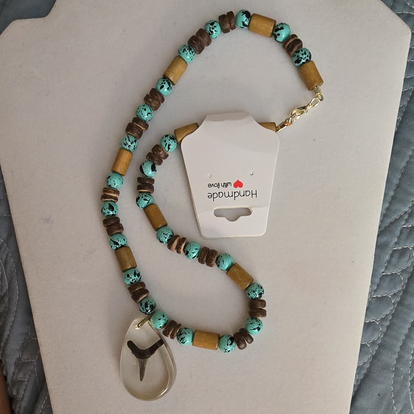 Handmade Resin Shark Tooth Pendant Beaded Necklace, Turquoise Brown Wood Beads