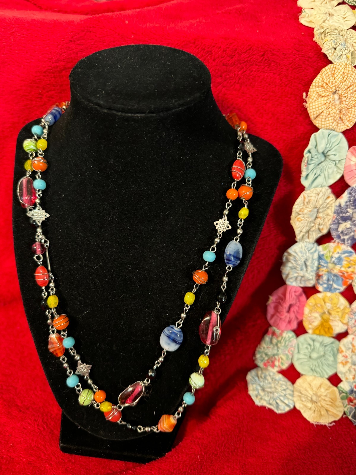 Multicolor Glass Beads and Silvertone Metal Between The Beads Very Long Necklace