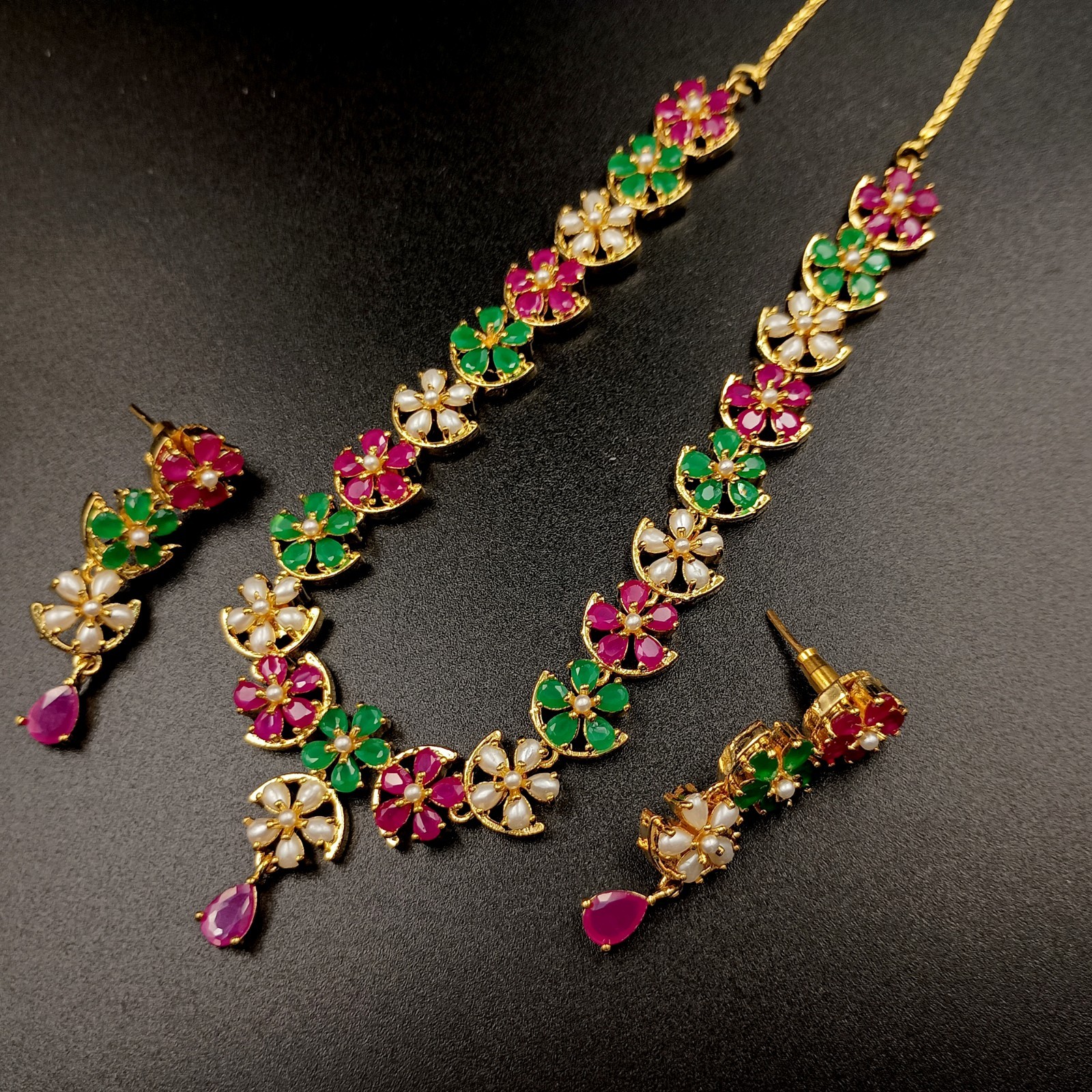 Vintage Flower Ruby Emerald Pearl Jewelry Set 22K Gold Plated Necklace Wedding G