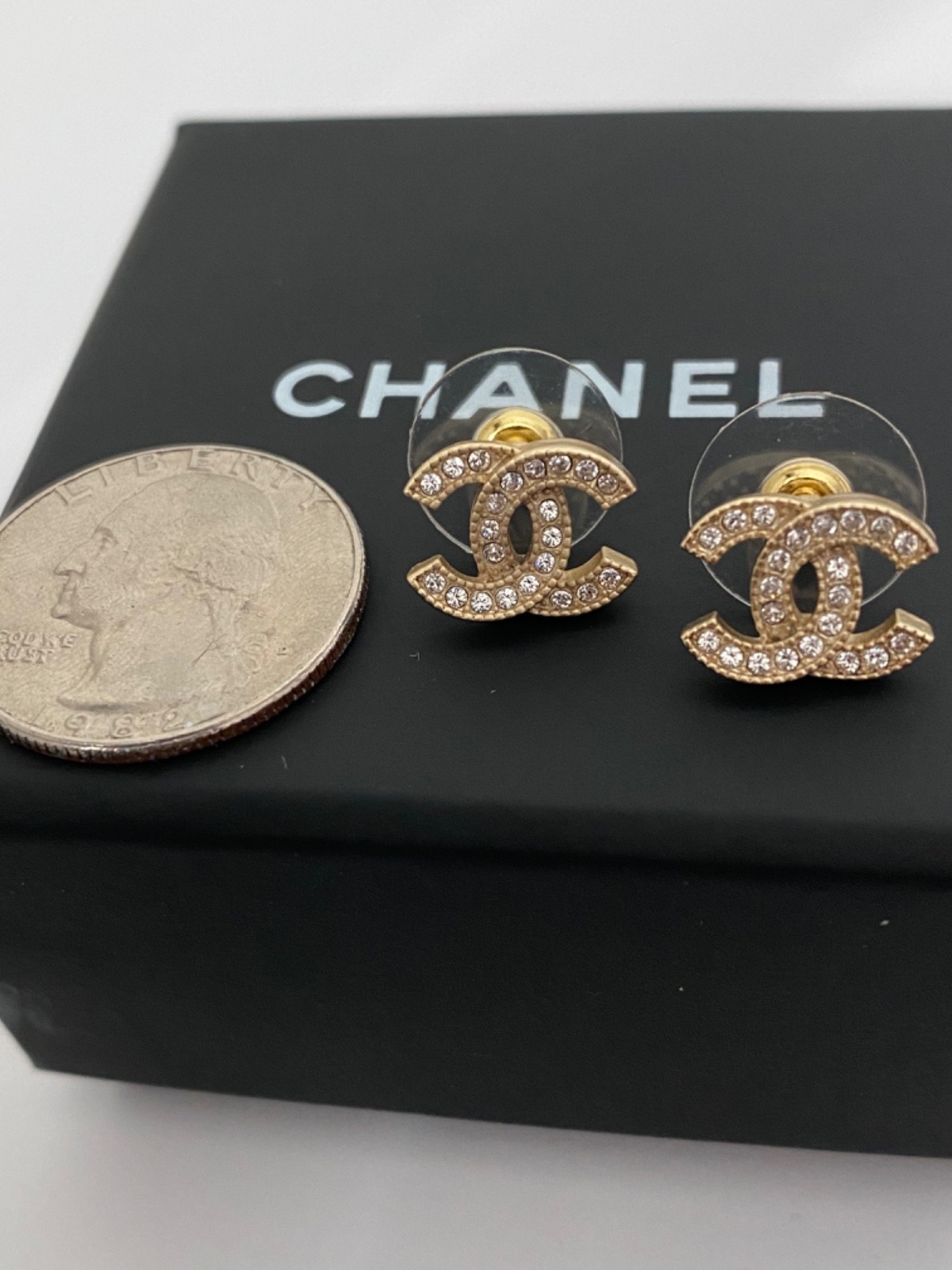 Chanel Classic Mini Crystal Gold Tone CC Stud Earrings Authentic