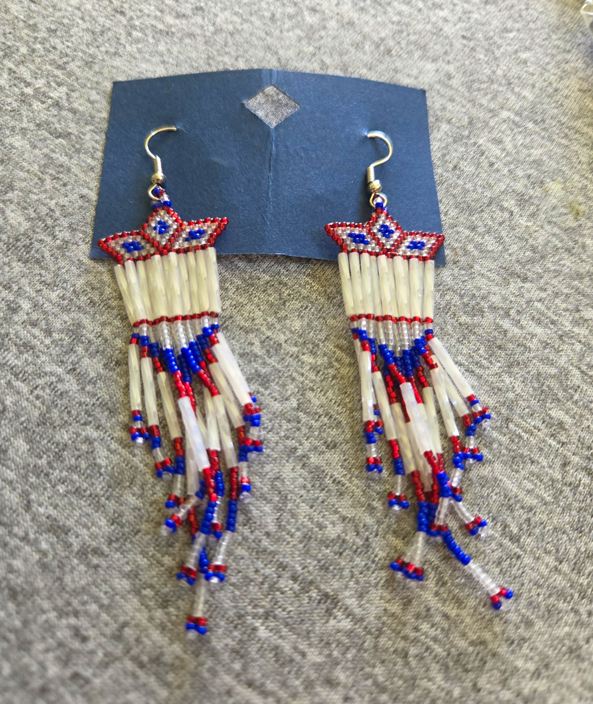Prison Native-Made Beaded Dangle Drop Hook Earrings Red White Blue
