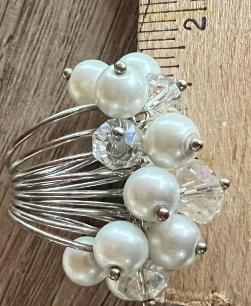 Vintage Faux Pearl & Crystal Cluster Statement Ring Adjustable Multi-Band Unique