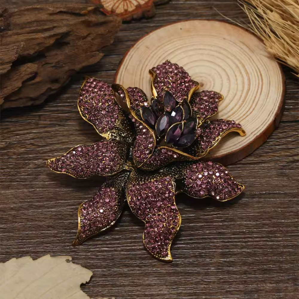 Unique Vintage Style Flower Leaf Purple Rhinestone Crystal Pendant Brooch Pin