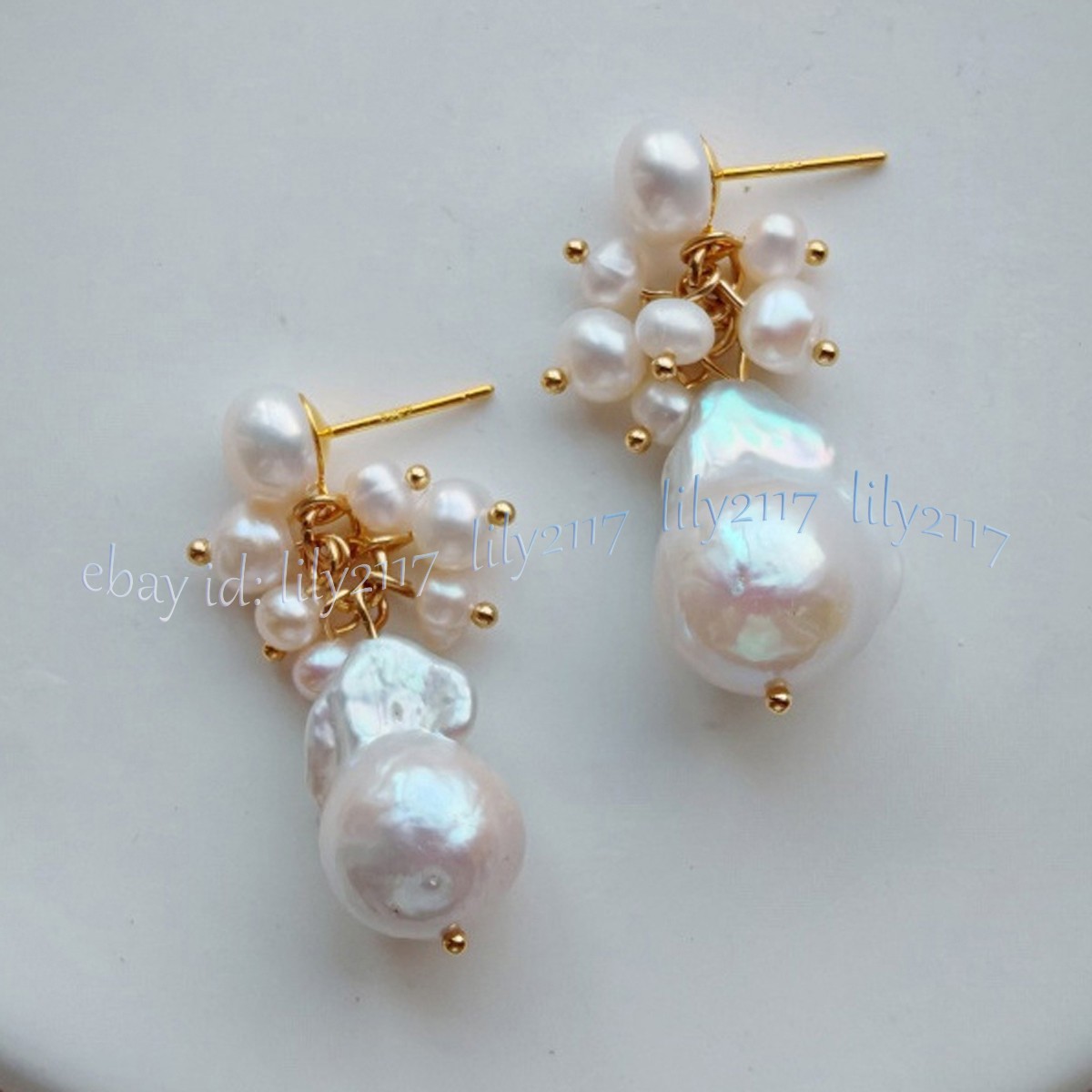 Genuine Natural White Pearl Keshi Baroque Pearl Cluster Dangle Stud Earrings