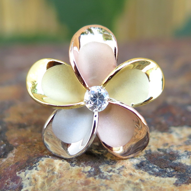 925 Silver Tri-color Gold Plumeria Flower CZ Wedding Ring Band 22mm #SR6268