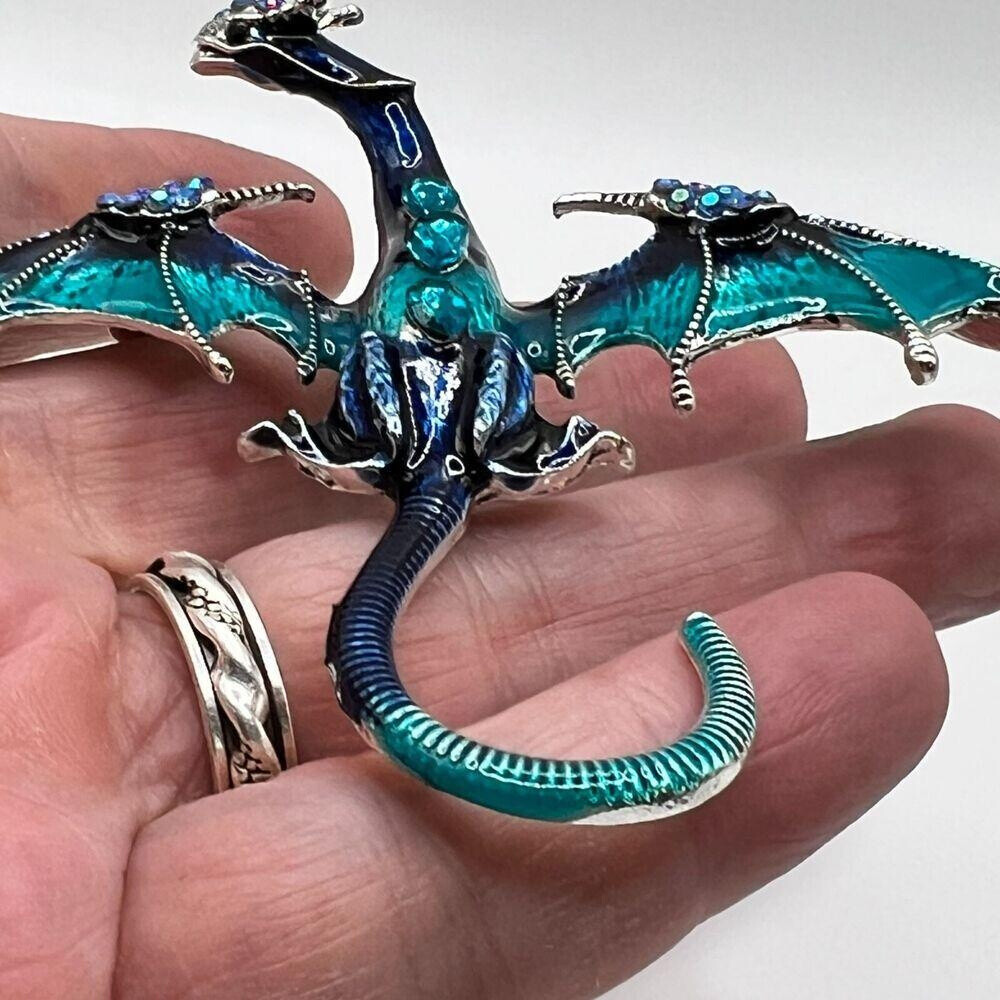 DRAGON BROOCH Pin Pendant Blue Rhinestone Enamel Silvery Tone Costume Jewelry