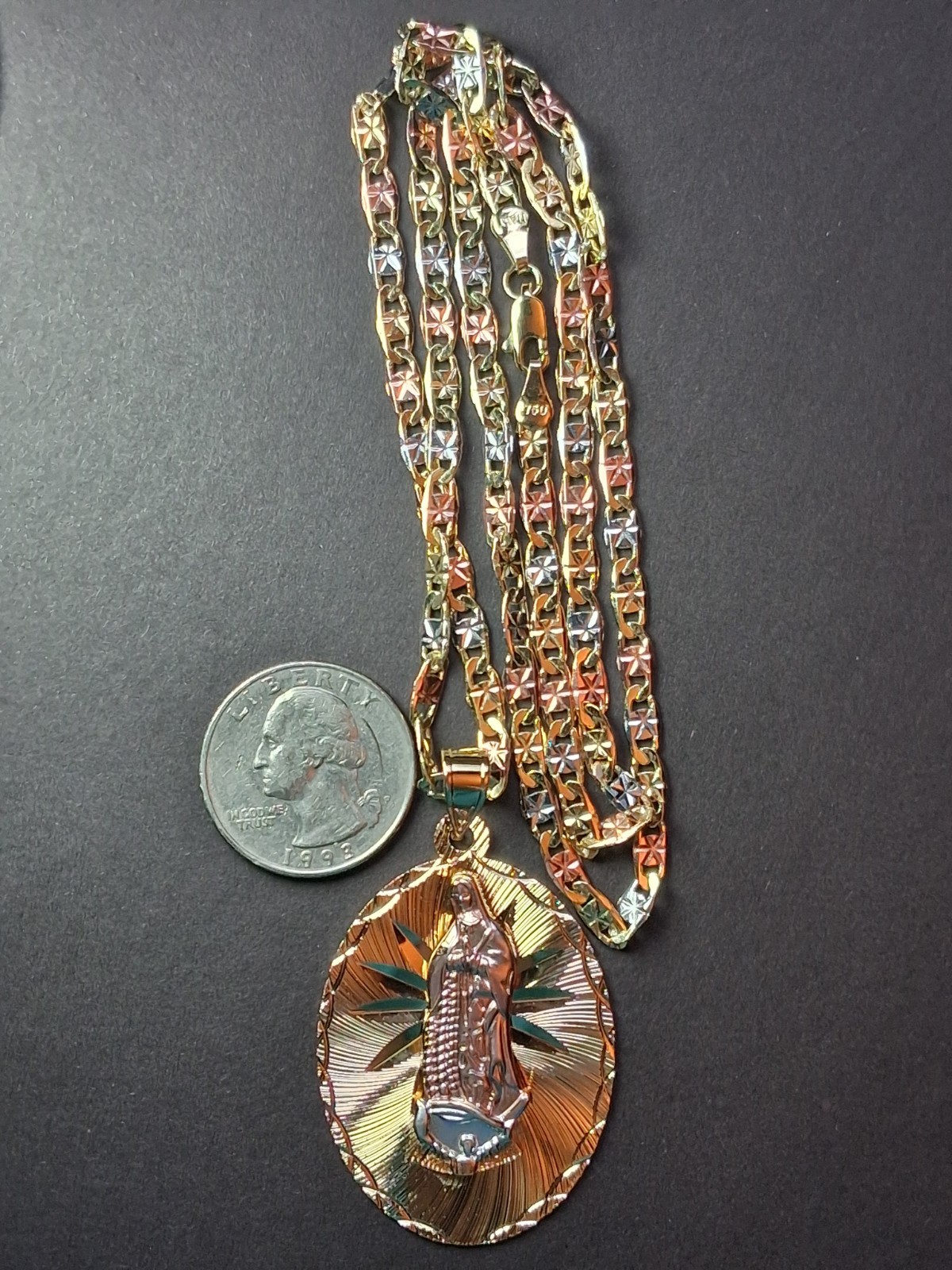Virgin of Guadalupe Pendant, 24″ Valentino Link Chain, Gold-Plated & Tri-Tone