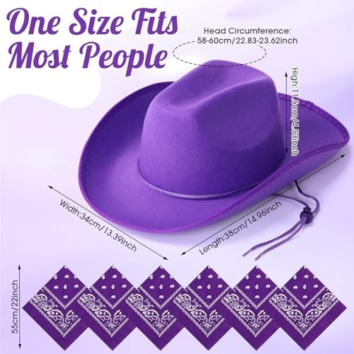 12 Pcs Cowboy Hats with Bandanas, Bulk Adjustable Felt Western Cowgirl Hats