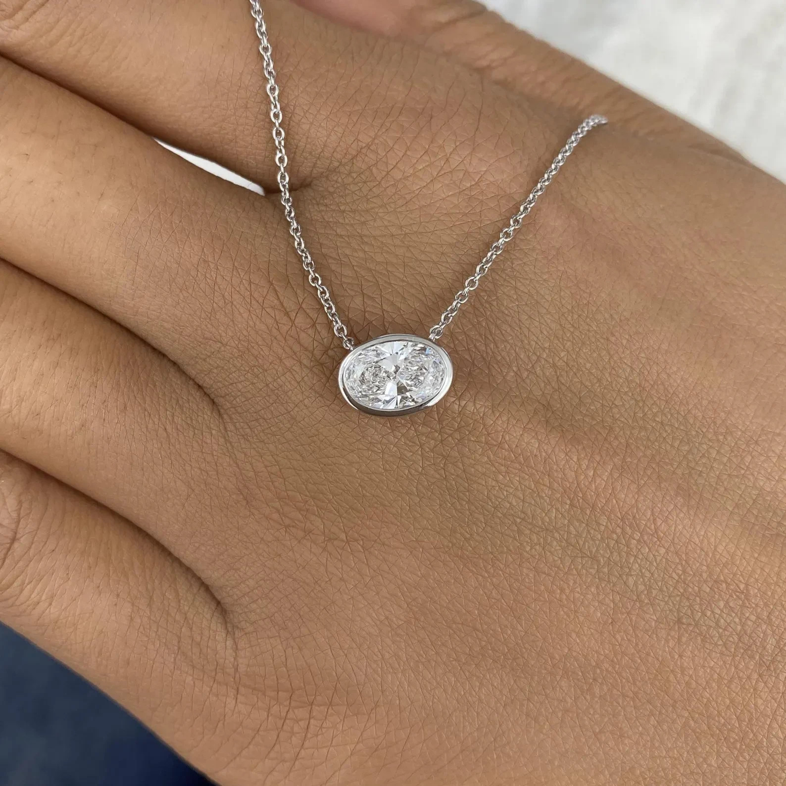 1.00 Ct Oval EF VS Lab Grown Diamond Bezel Solitaire Necklace in 14K White Gold