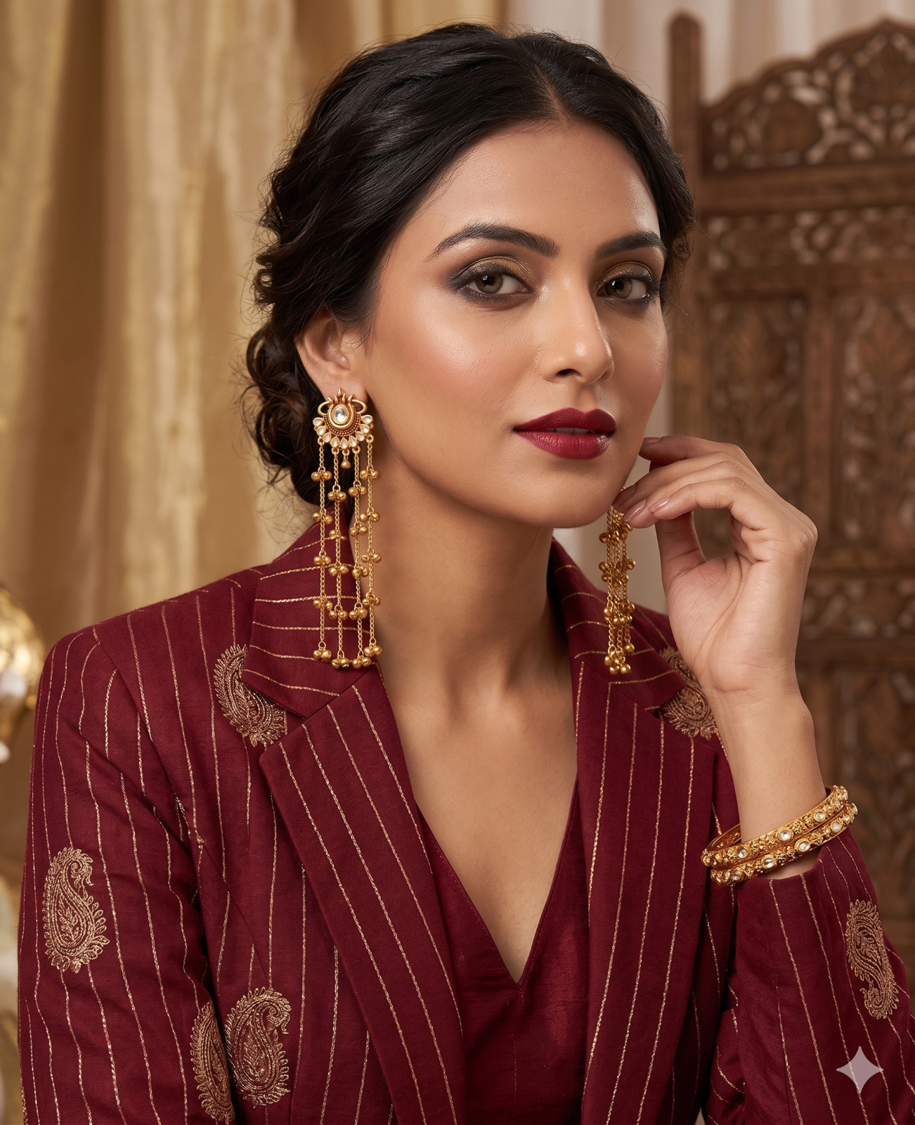 Indian Traditional Gold Plated Jhumka kashmiri Earrings Long Chain Ghungroo Drop