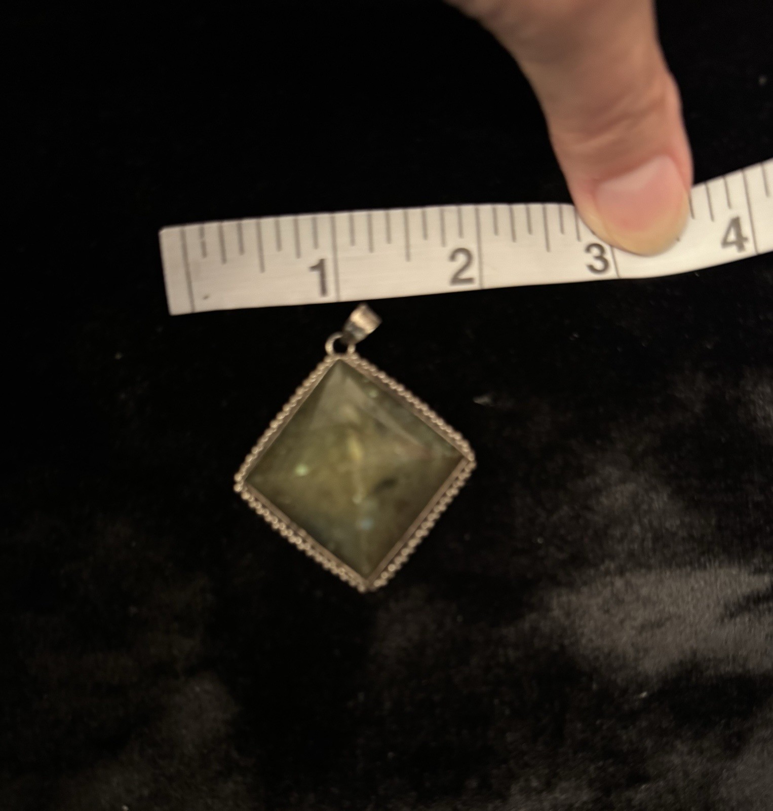 Square-cut natural labradorite pendant set in a textured silver frame. Vintage.