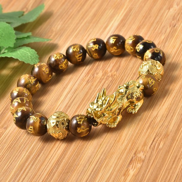 Pixiu Feng Shui Yellow Tigers Eye Carved Beaded Bracelet Gold Dragon Size 6.5″