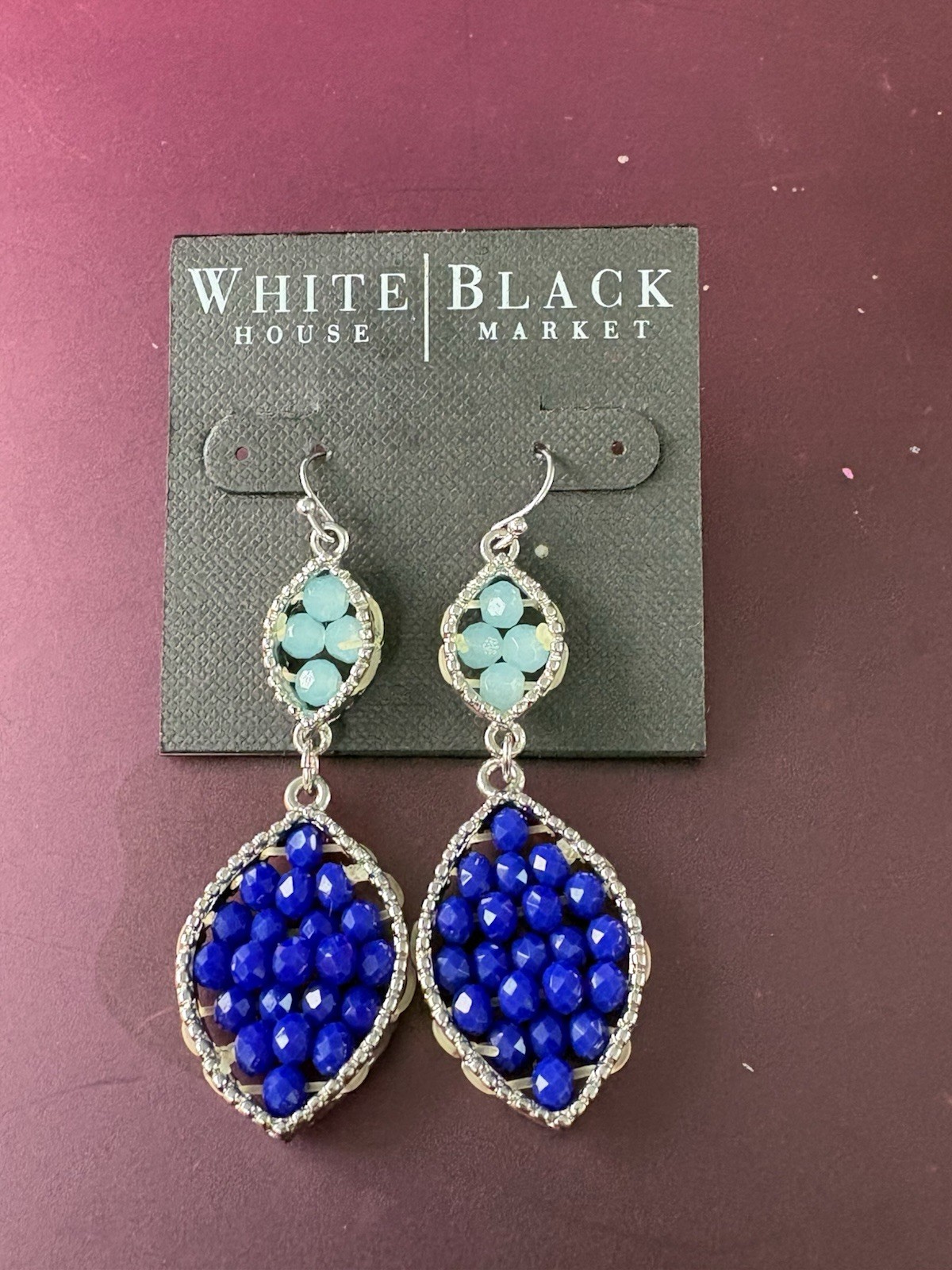Whit House Black Market Silver Toned Tear Drop Vibrant Blue Beaded Earrings