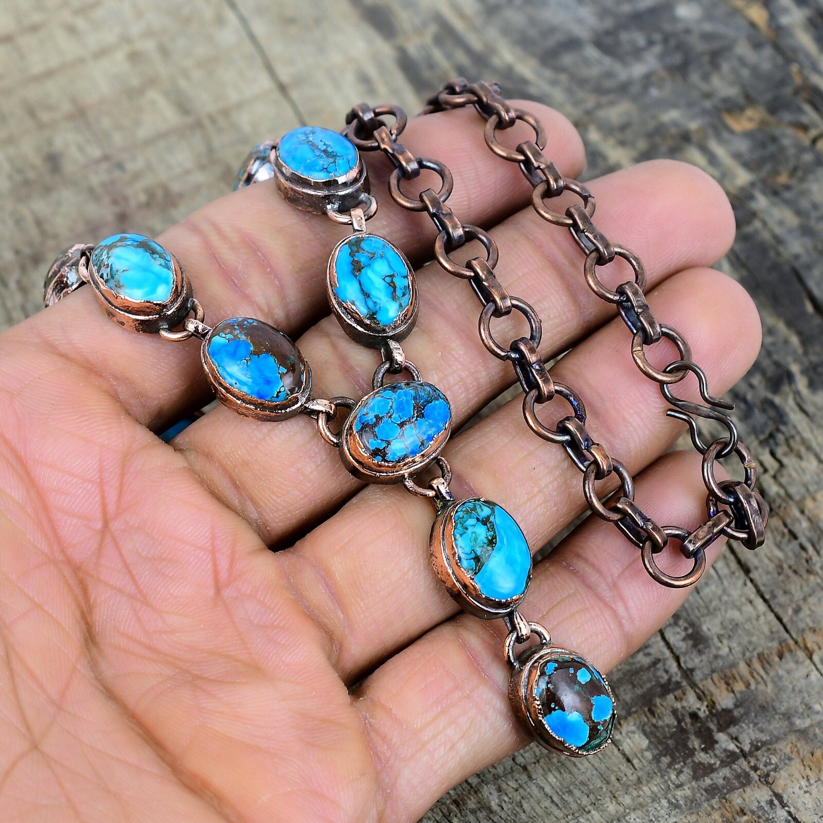 Copper Oval Tibetan Turquoise Stone Electroformed Bezel Chain Necklace Jewelry