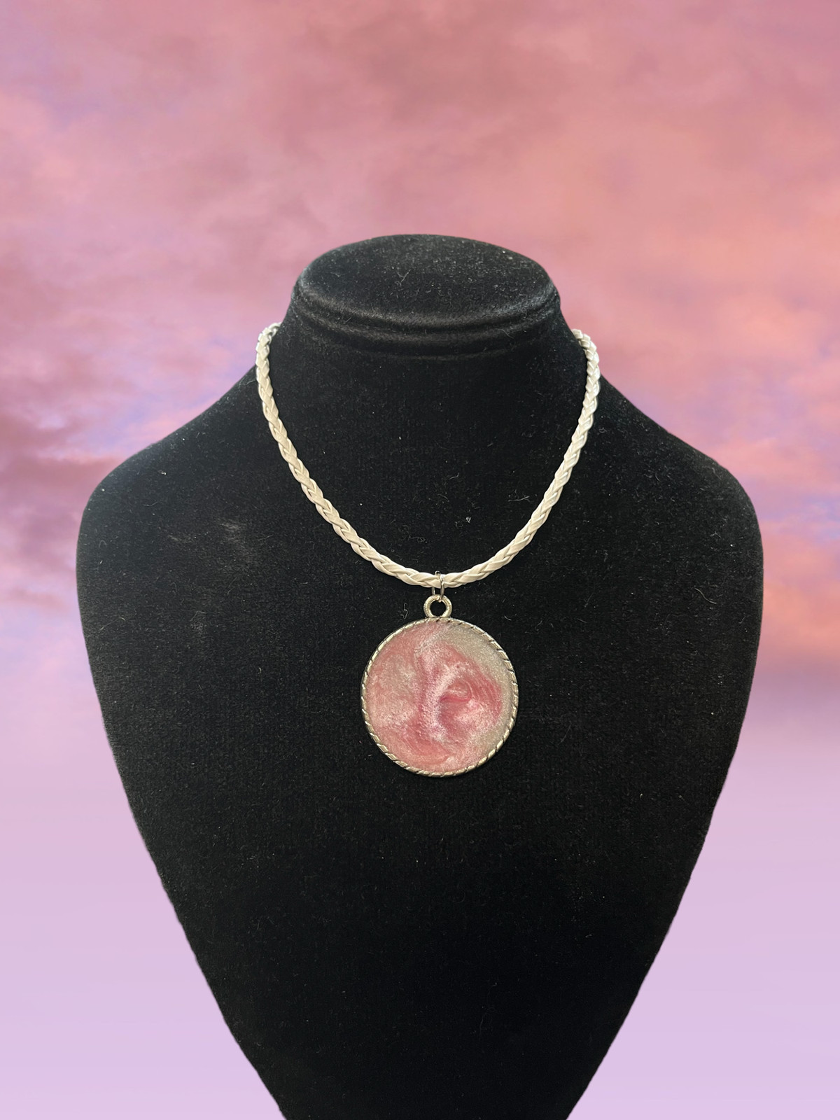 Breast Cancer Awareness Pendant On A White Leather Cord