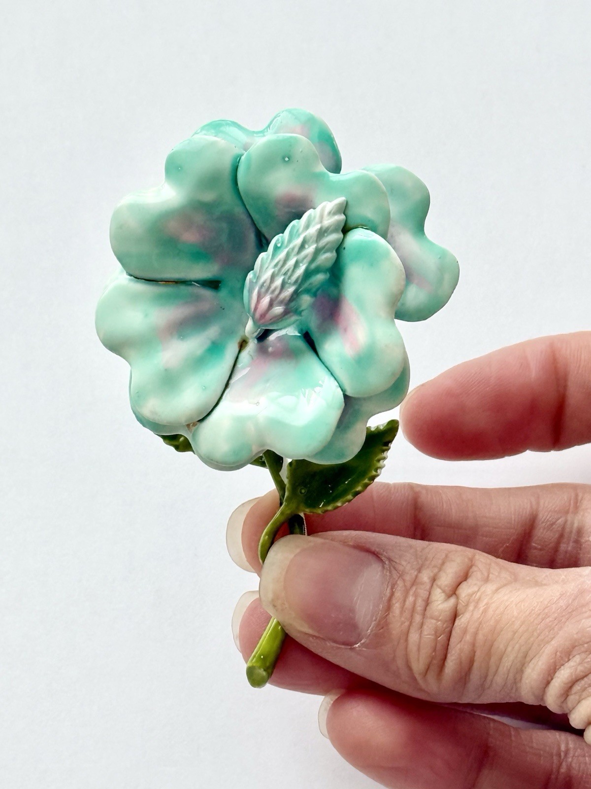 Enamel Flower Brooch Pin Aqua Green Pink White Metal 3″ No Stone