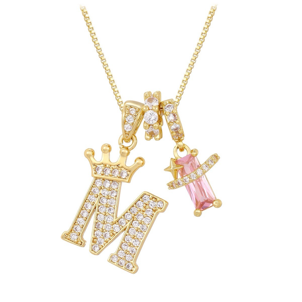Gold-Tone Yellow Gold Plated Letter M Crown Charm Necklace Pink Crystal