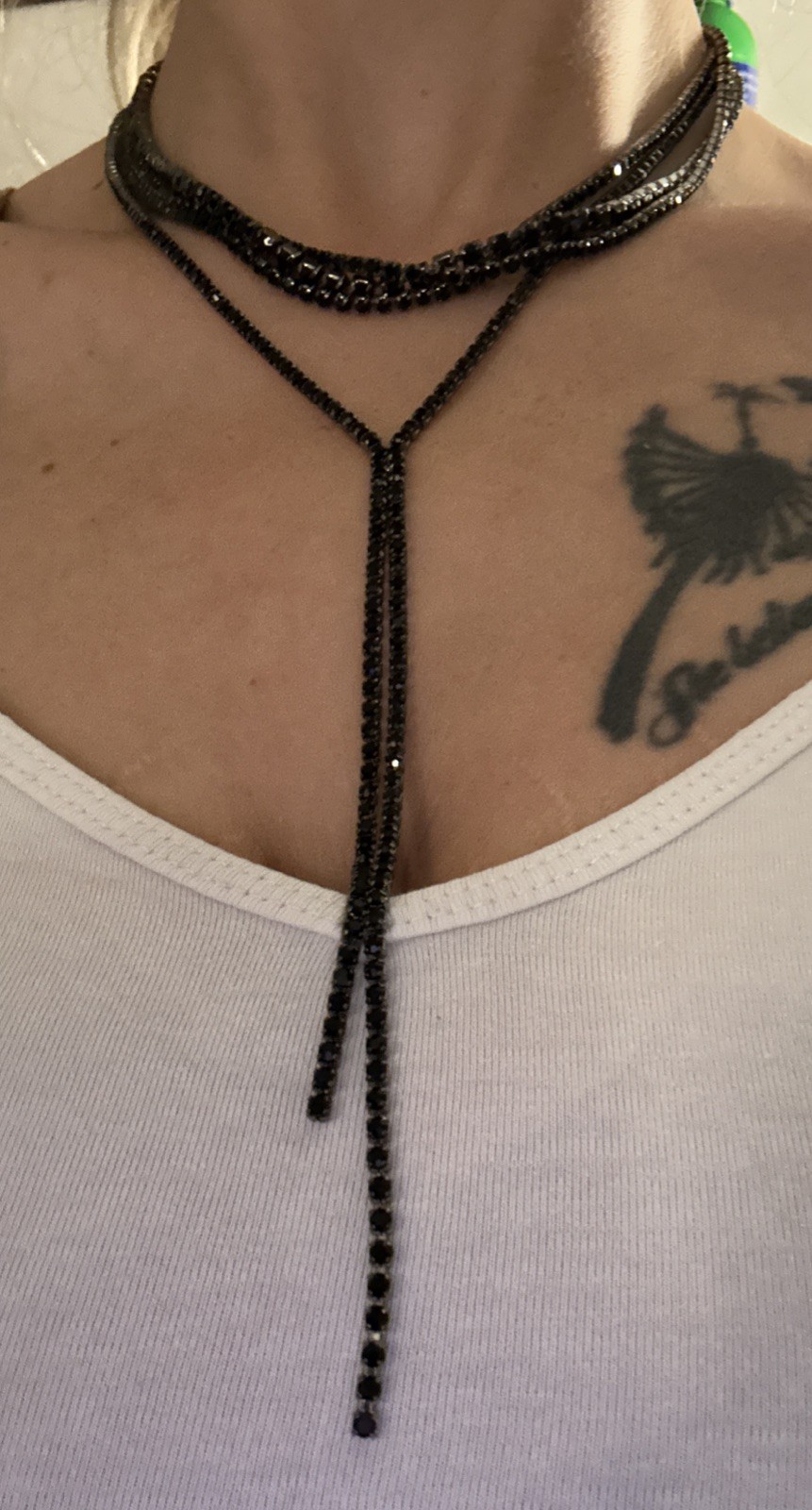 Long Black Rhinestone Multilayered Tassel Necklace