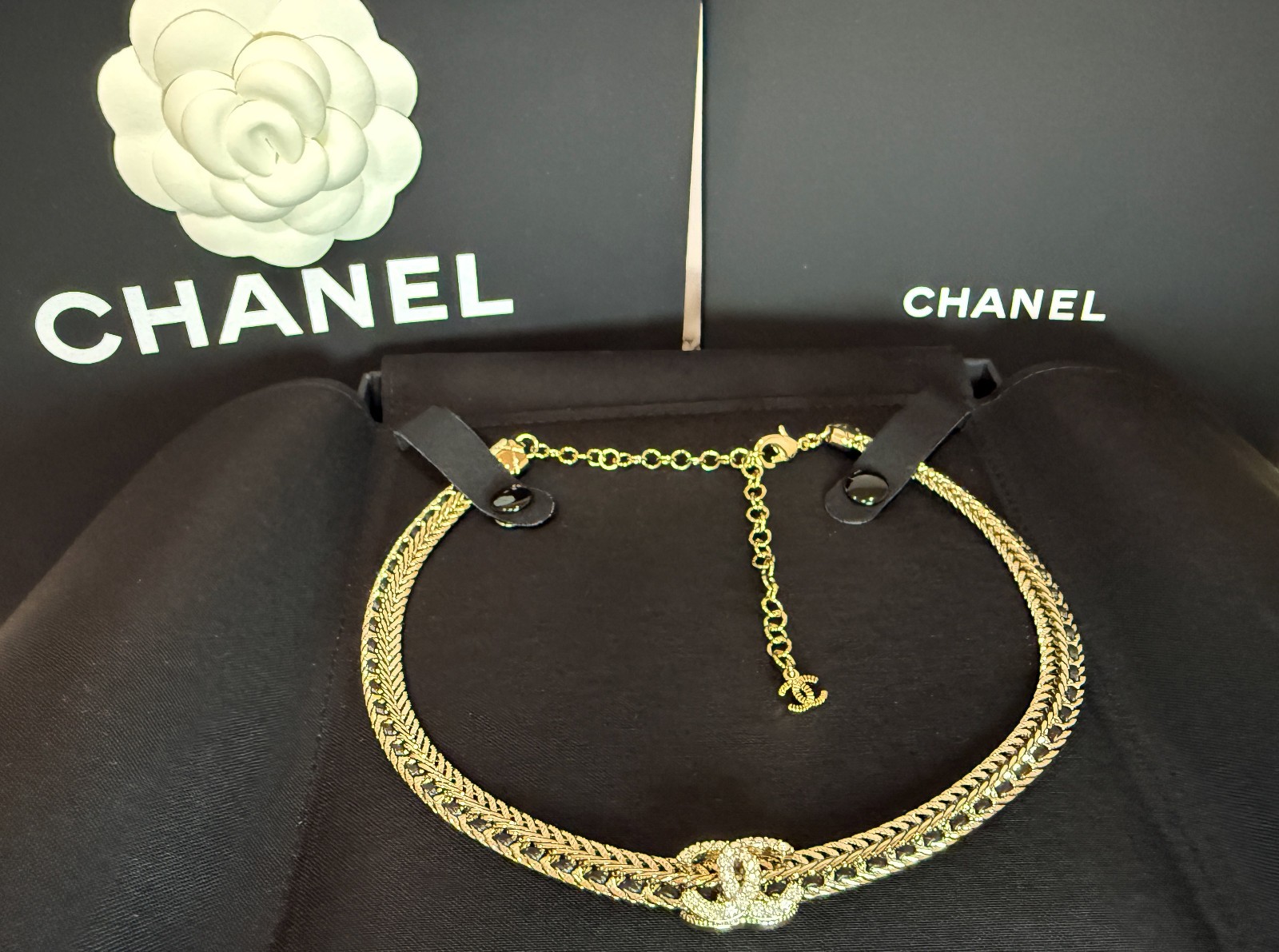 CHANEL Gold Black Leather Woven Chain Choker Necklace CC Logo BRAND NEW