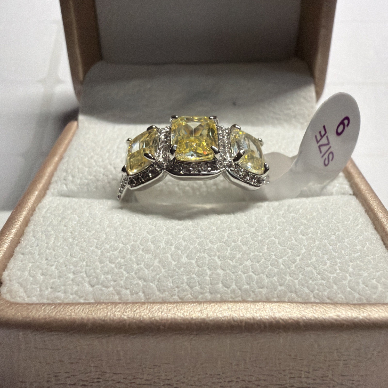Bomb Party Yellow Cushion Cut Three Stone Halo Ring Silver Tone Size 9