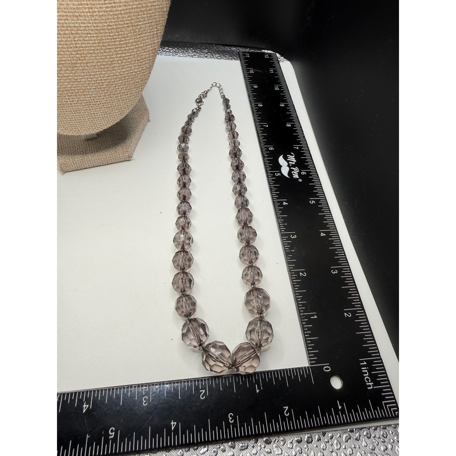 Smoky Grey Faceted Graduated Bead Necklace Silver Tone Adjustable 18-20.5 Inch