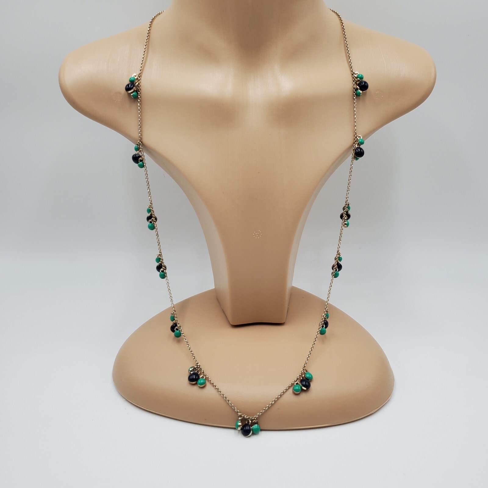 Ann Taylor Reversible Station Necklace 30in Silver Tone Clear Crystal Blue Green