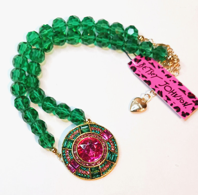 Vibrant Green Pink JEWEL Rhinestone Bead Betsey Johnson Necklace Earrings SET