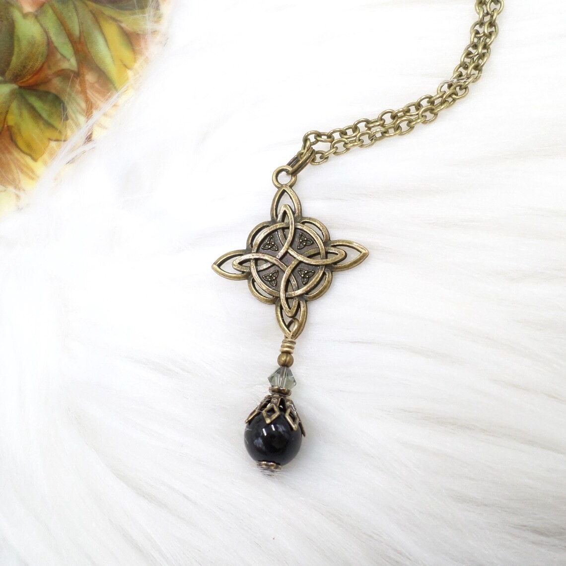 Celtic Knot Necklace, Black Bead Antique Brass Witch Knot Handmade Jewelry